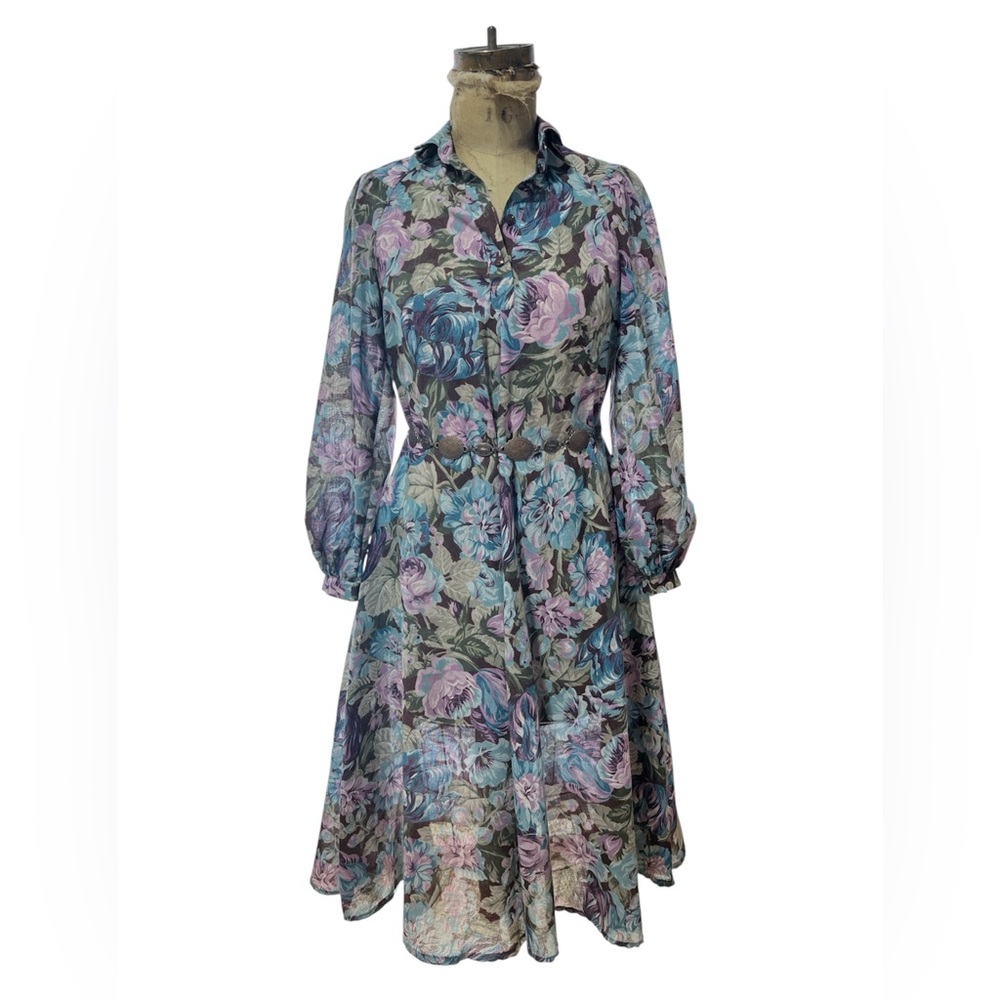 Vintage 1970’s Woolblend Floral Flowy Dress W/ Puff Sleeves
